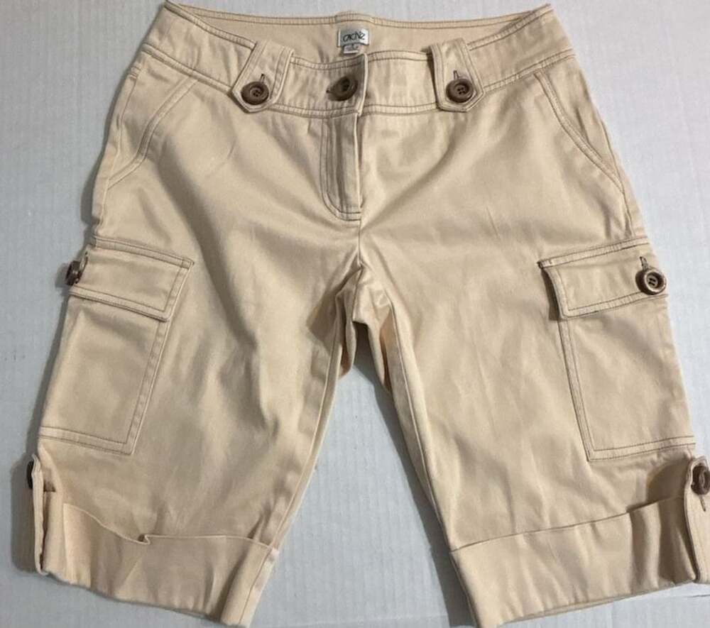 Button Strap Flat Front Chino Shorts Women's M Beige